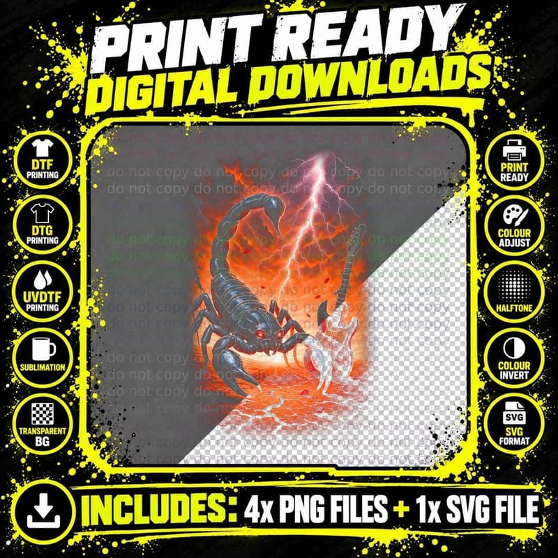 Scorpion Guitar Storm T-Shirt, Halftone Heavy Metal Png SVG Digital Bundle