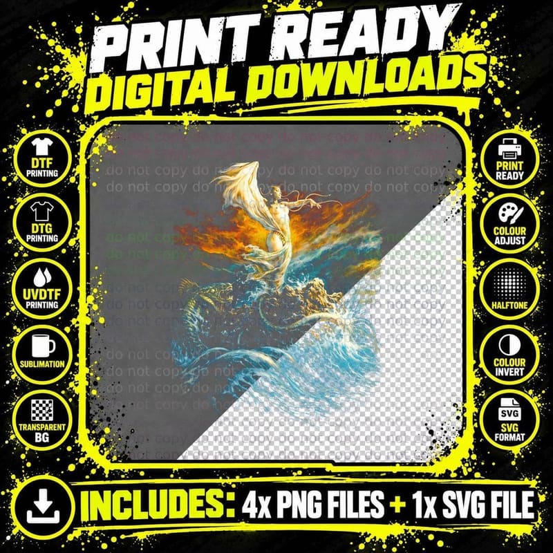 Sea Serpent Woman Waves T-Shirt, Halftone Classic Rock Png SVG Digital Bundle