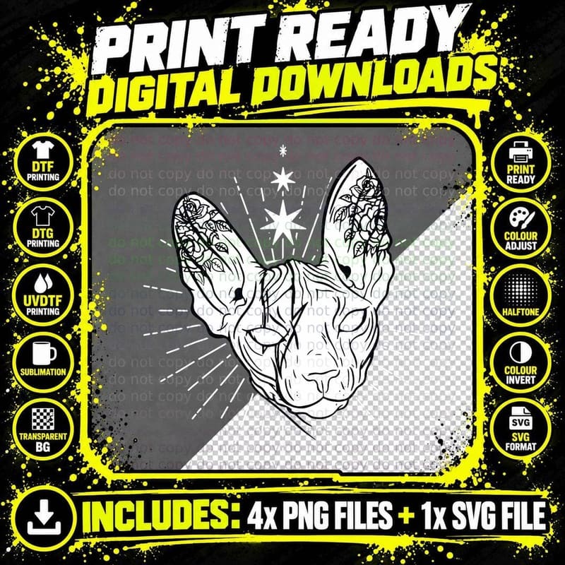 Sphynx Cats Grafic Design Goth Death Metal Cat Lover Png SVG Digital Bundle