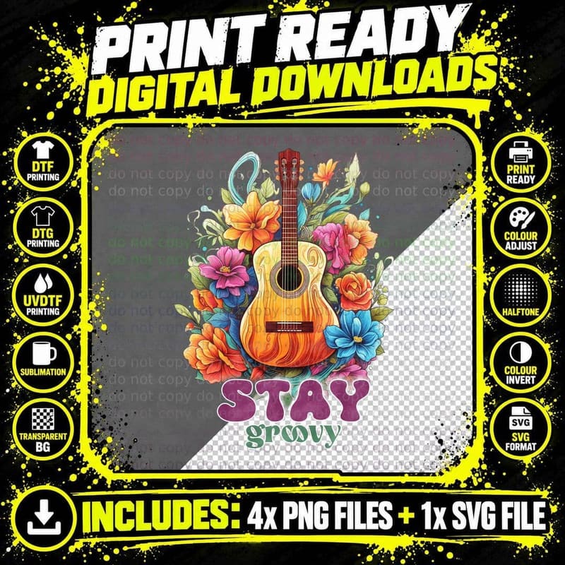 Stay Groovy Hippie T-Shirt, Floral Guitar Amidst Vibrant Png SVG Digital Bundle