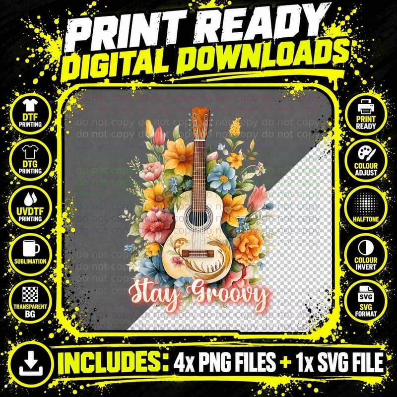 Stay Groovy Hippie T-Shirt, Floral Guitar Illustration Png SVG Digital Bundle