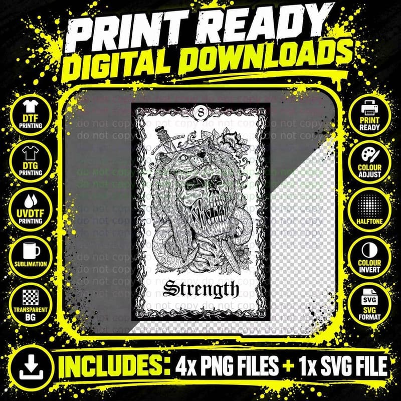 Strength Tarot Card Shirt Skull Goth Punk Tee Magic Png SVG Digital Bundle