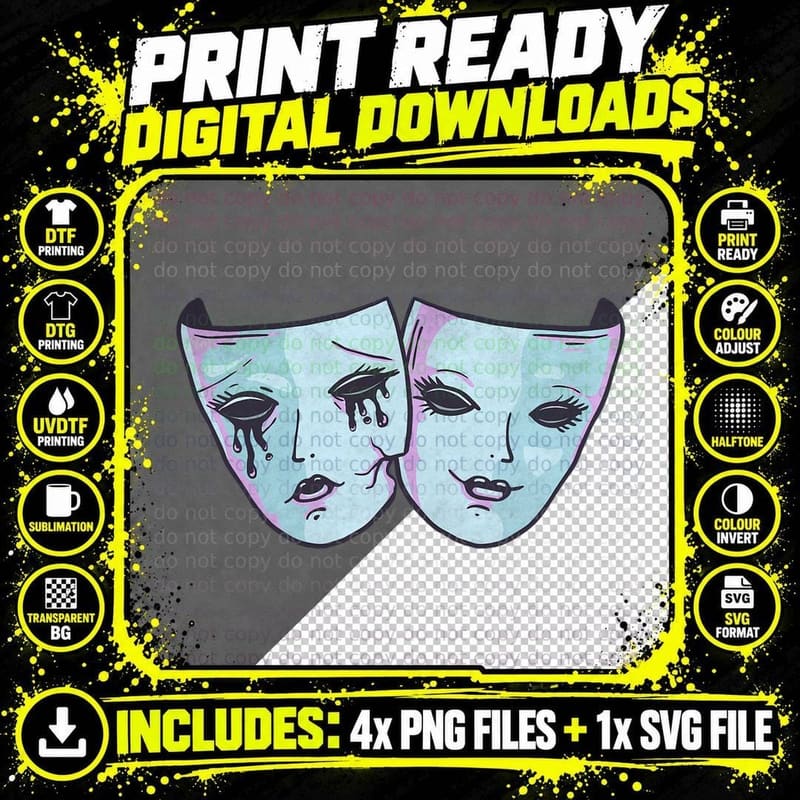 Theater Mask Sad Emo Pastel Goth Soft Grunge Aesthetic Png SVG Digital Bundle