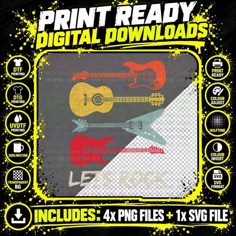 Vintage Guitar Lets Rock - Guitarist T-Shirt Png SVG Digital Bundle