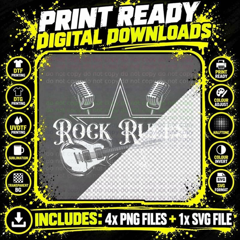 Vintage Retro 80s Music Guitar Rock Rules T-Shirt Png SVG Digital Bundle