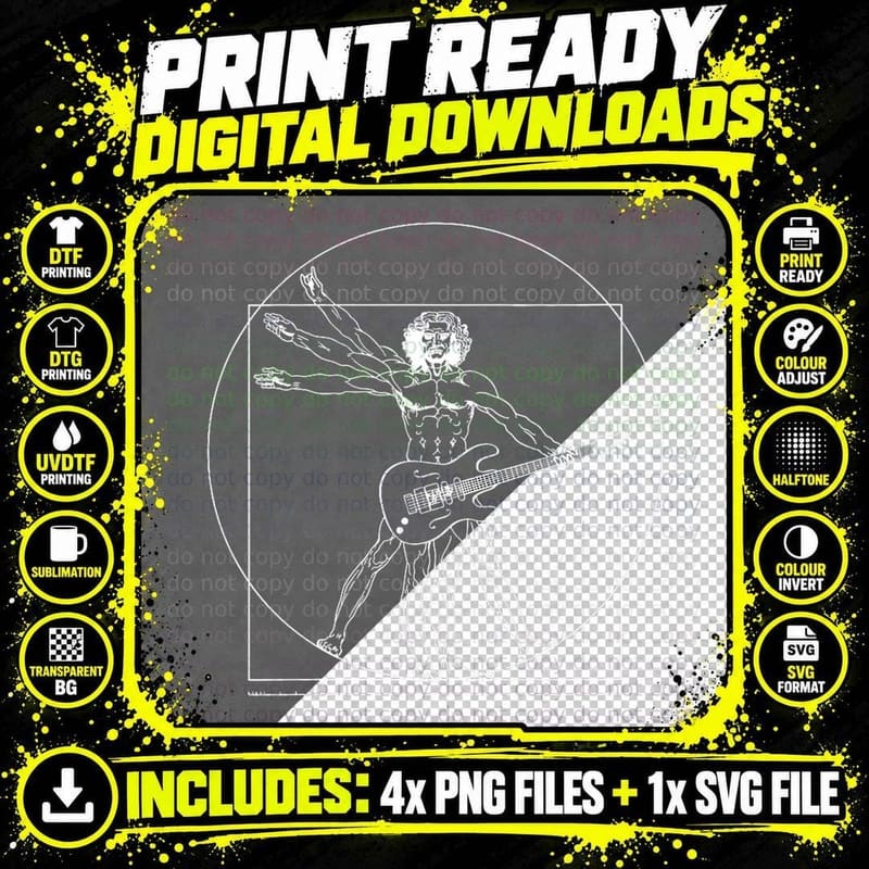 Vitruvian Man Guitarist Music Player Da Vin Png SVG Digital Bundle