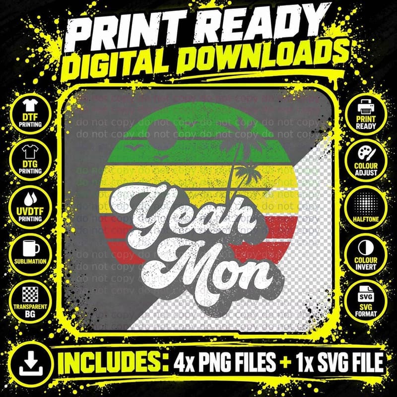 Yeah Mon Jamaica Rasta Roots Rock Reggae Jamaican Retro Png SVG Digital Bundle