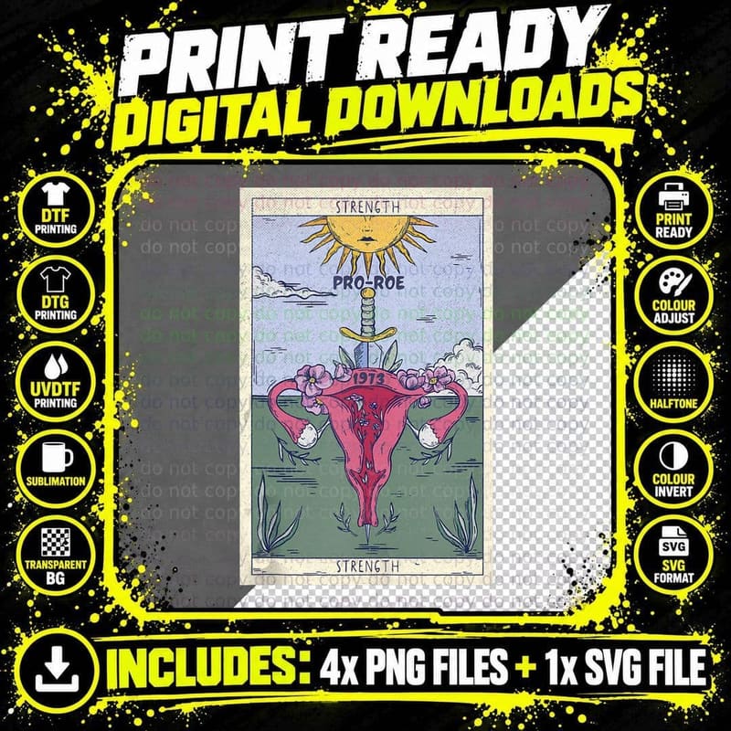 1973 Pro-Roe Feminist Strength Tarot Card Distressed Png SVG Digital Bundle