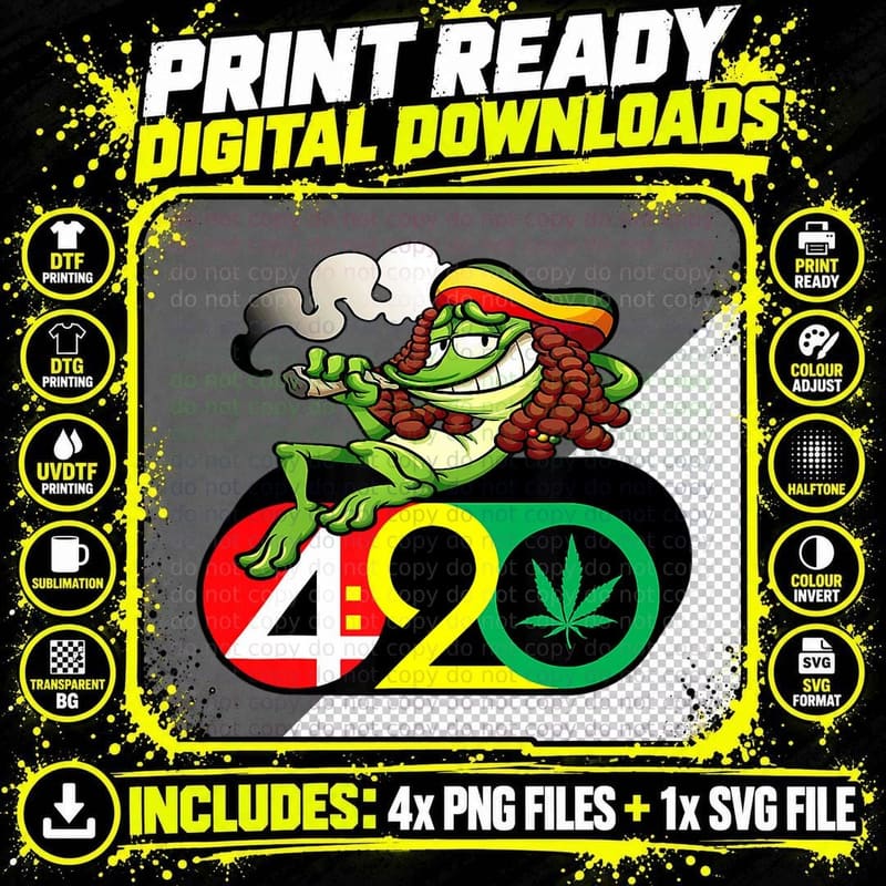 420 Reggae Rasta Frog Smoking Weed Marijuana Jamaican Png SVG Digital Bundle