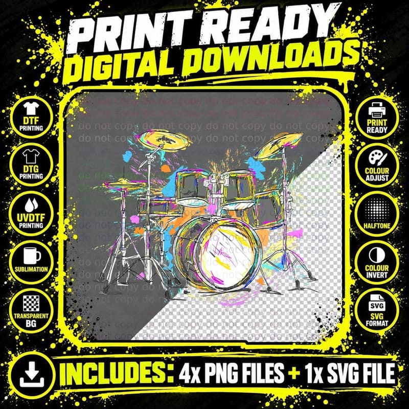 Abstract Drums T-Shirt, Colourful Drum Kit Splash Art Png SVG Digital Bundle