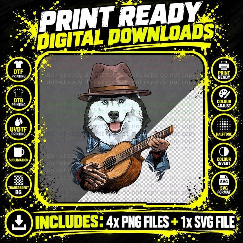 Acoustic Guitar Siberian Husky Guitar Player Dog Png SVG Digital Bundle