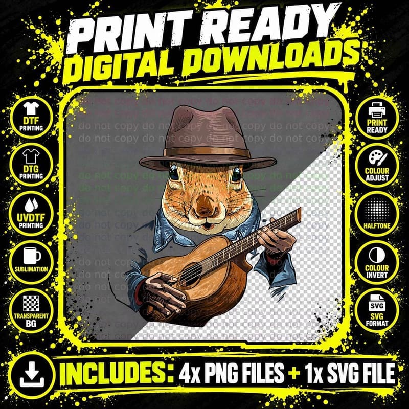 Acoustic Guitar Squirrel Guitar Player Rodent Animal Png SVG Digital Bundle