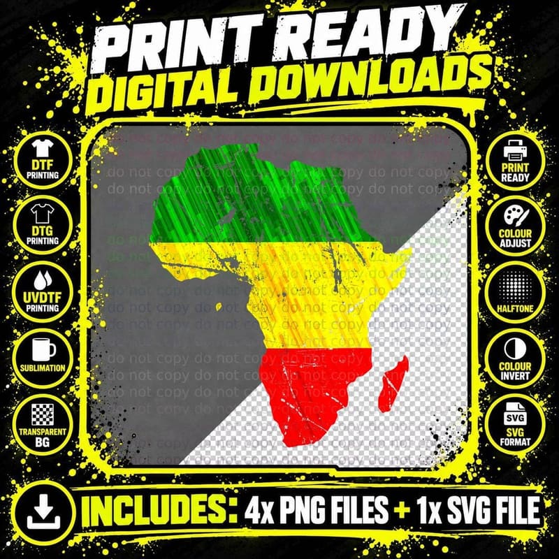 Africa Map Reggae Rasta Tshirt Green Yellow Red Africa Png SVG Digital Bundle