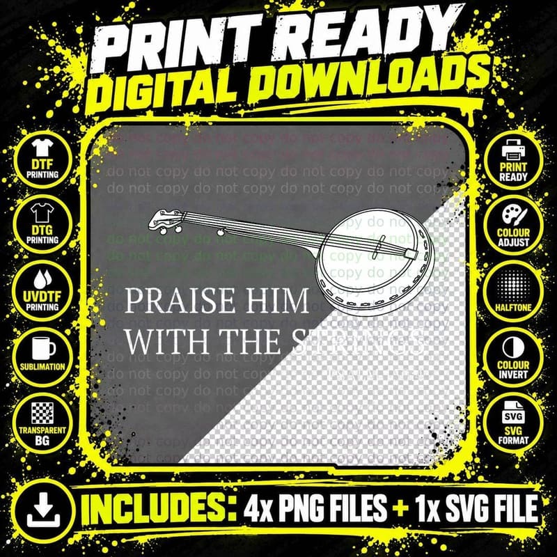 Banjo Praise Him with the Strings Bluegrass Guitar Png SVG Digital Bundle