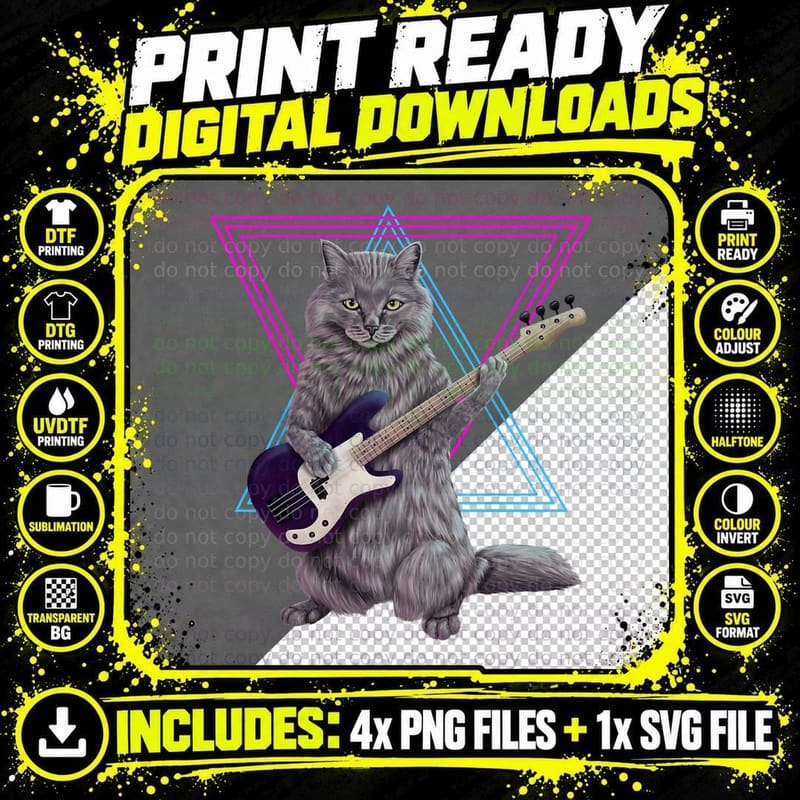 Bass Cat T-Shirt, Rock Kitty on Bass Guitar Png SVG Digital Bundle