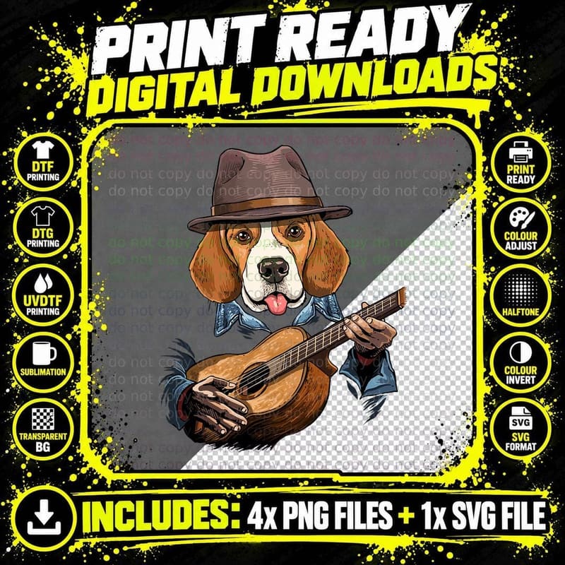 Beagle Dog Playing Guitar T-Shirt, Pet Lover Apparel Png SVG Digital Bundle