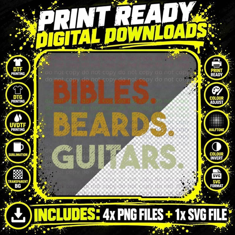 Bibles Beards Guitars - Christian Men Guitar Worship Png SVG Digital Bundle