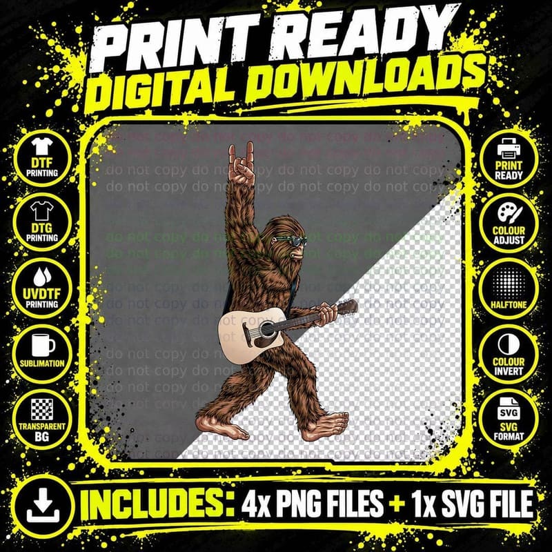 Bigfoot Playing Acoustic Guitar Rock on Sasquatch Big Png SVG Digital Bundle