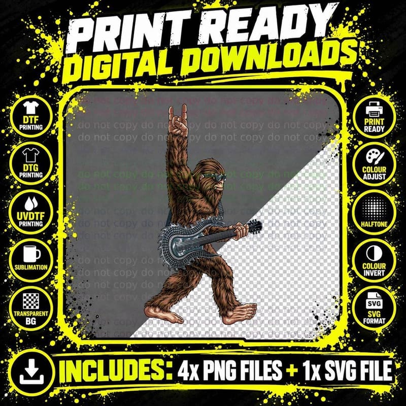 Bigfoot Playing a Dragon Guitar Rock on Sasquatch Big Png SVG Digital Bundle