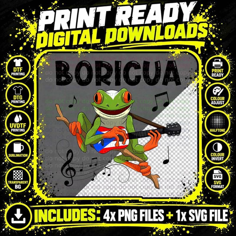 Boricua Coqui Frog Playing Guitar Puerto Rico Flag Men Png SVG Digital Bundle