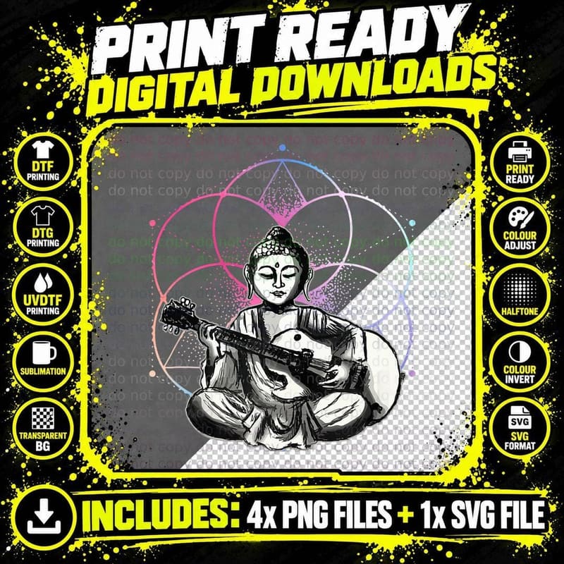 Buddha Playing Guitar Yoga Zen Meditation Music Lover Png SVG Digital Bundle