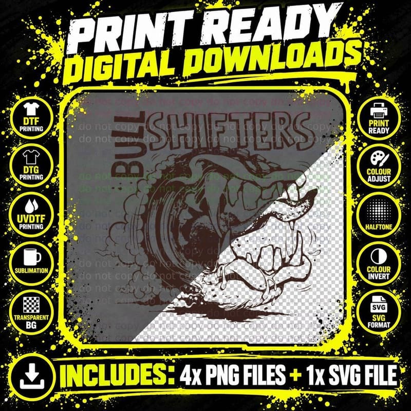 Bull Shifters Dinosaur Tee, T-Rex Skull Roar Graphic Png SVG Digital Bundle