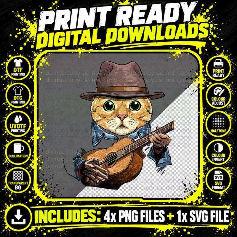 Cat Playing Acoustic Guitar Musician Guitar Player Cat Png SVG Digital Bundle