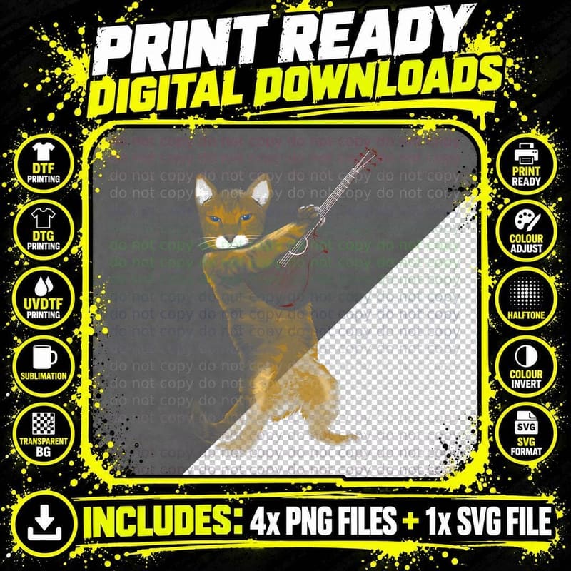 Cat Playing Acoustic Guitar Musician T-Shirt Png SVG Digital Bundle