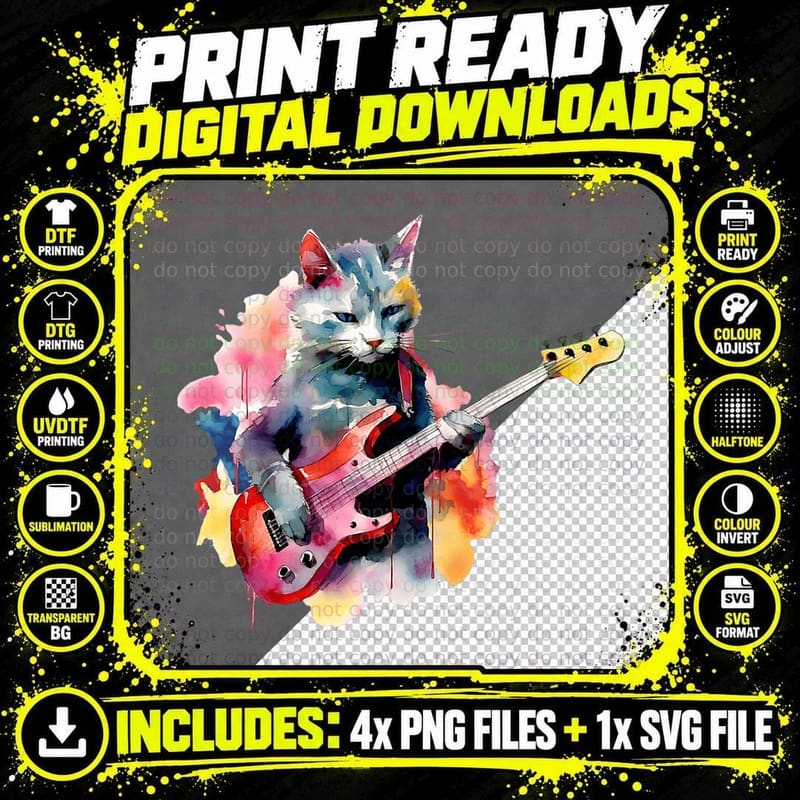 Cat Playing Bass Guitar Watercolor Graphic Design T-Shirt Png SVG Digital Bundle