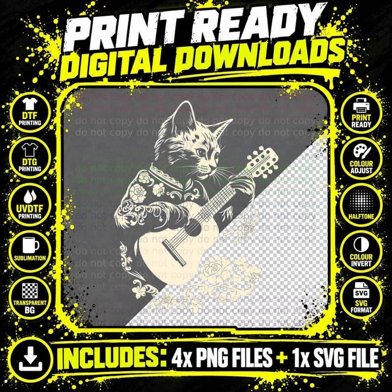 Cat Playing Guitar Stylish Design T-Shirt Png SVG Digital Bundle