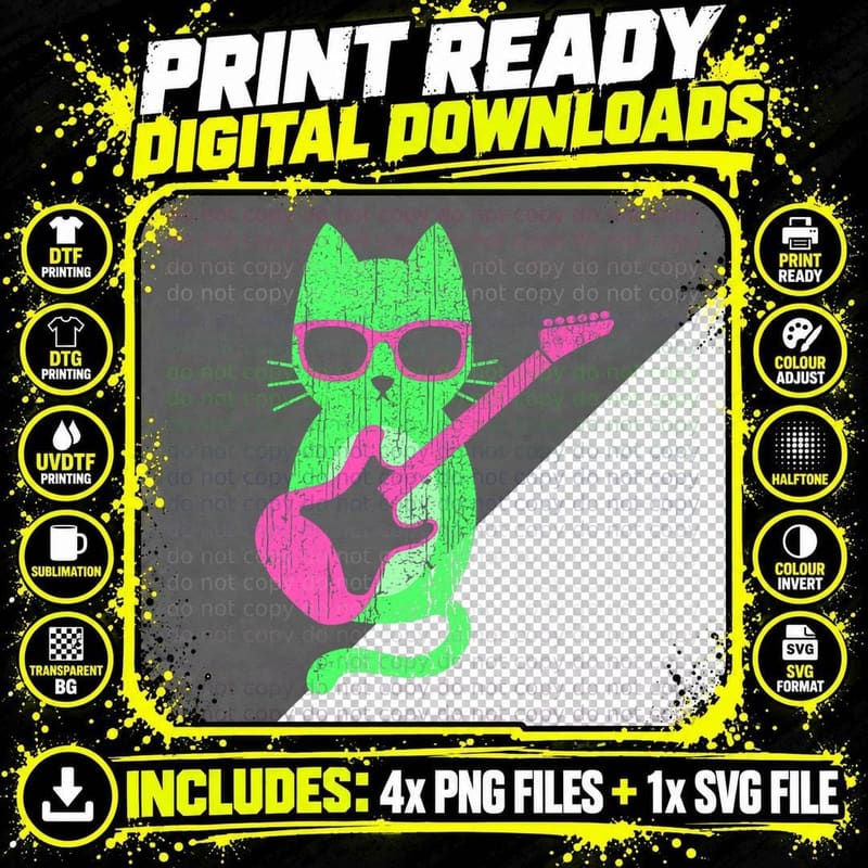 Cat Playing Guitar T-Shirt, 80's New Wave Png SVG Digital Bundle