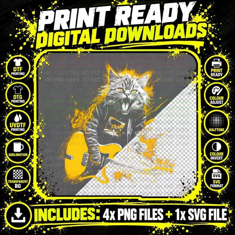 Cat Playing Guitar T-Shirt, Rockstar Kitten Png SVG Digital Bundle
