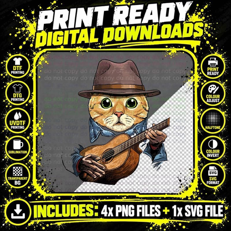 Cat Playing Guitar Tee, Fedora Hat Ginger Kitten Png SVG Digital Bundle