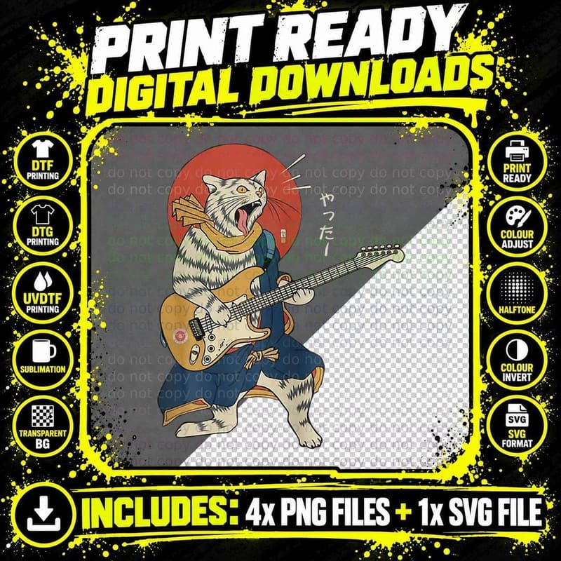 Cat Playing Guitar Ukiyo-E T-Shirt, Japanese Art Style Png SVG Digital Bundle