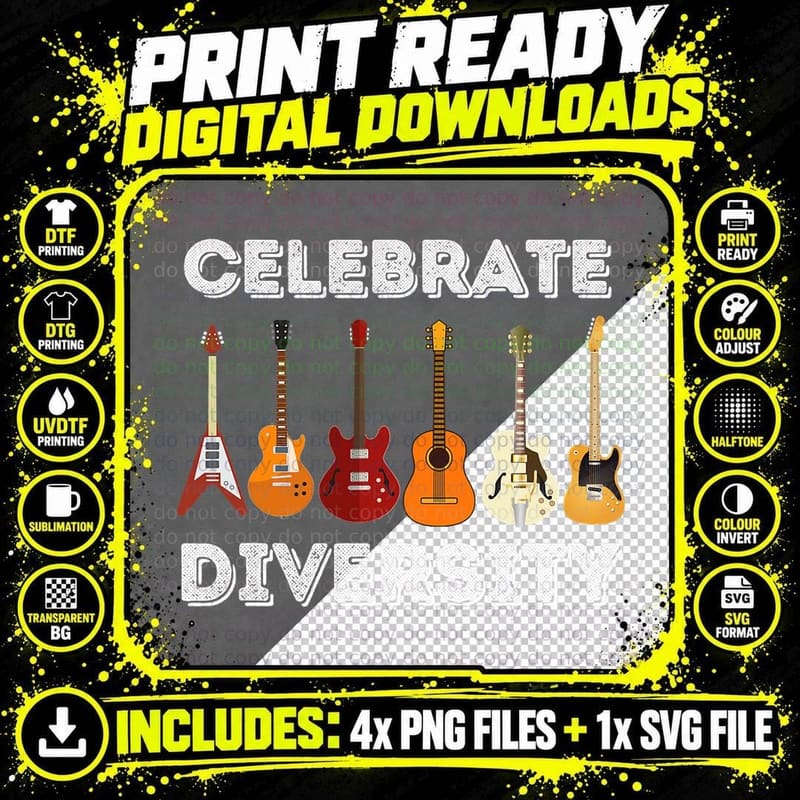 Celebrate Diversity - Funny Guitar Lover & Guitarist Png SVG Digital Bundle