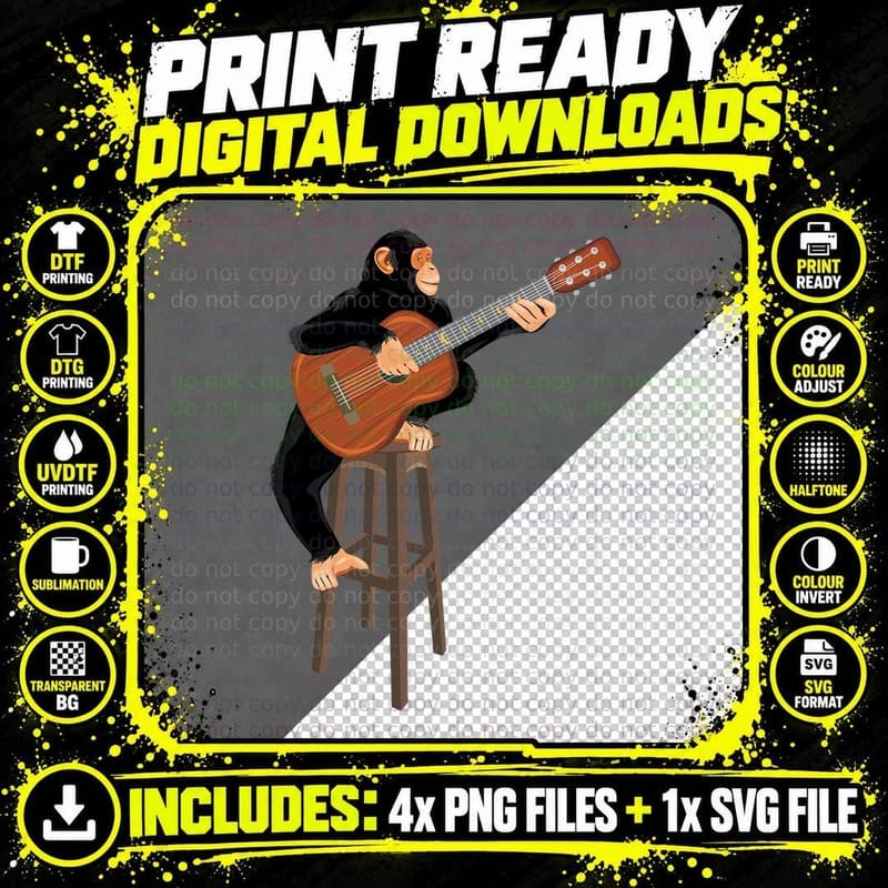 Chimpanzee Playing Acoustic Guitar. Funny Monkey T-Shirt Png SVG Digital Bundle