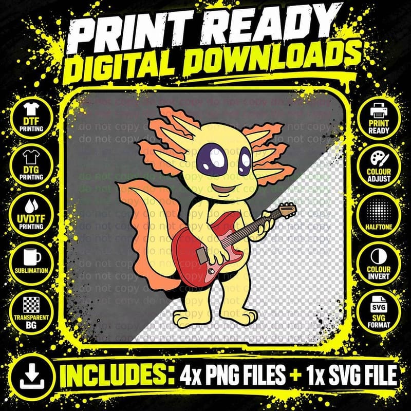 Comic Axolotl Plays Electric Guitar T-Shirt Png SVG Digital Bundle