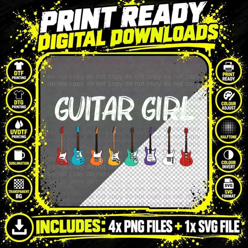 Cool Guitar Gift for Girls Kid Acoustic Guitarist Band Png SVG Digital Bundle