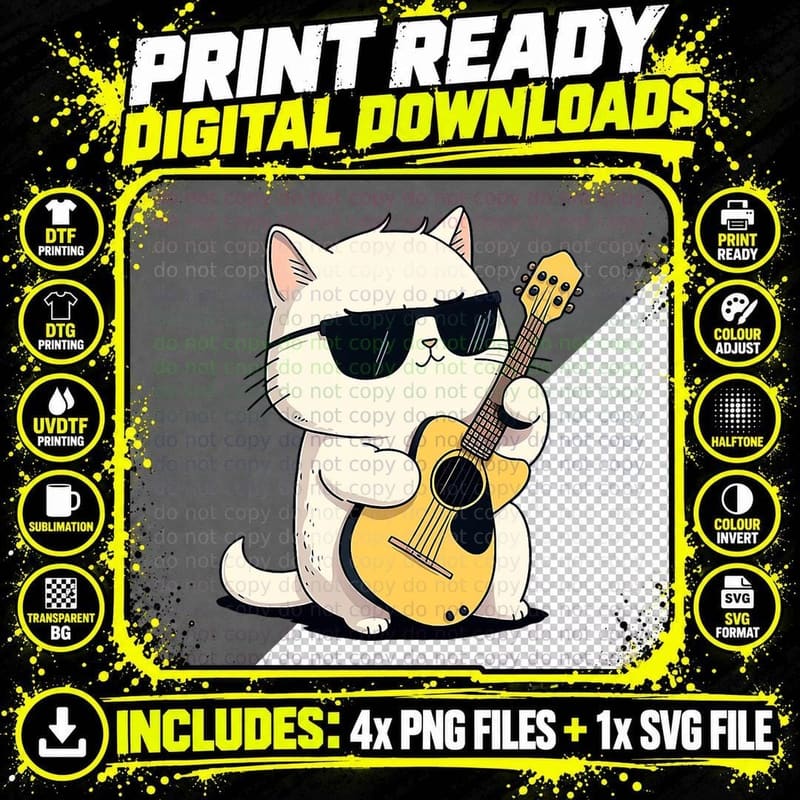 Cool Kawaii Cat Playing Guitar T-Shirt Png SVG Digital Bundle