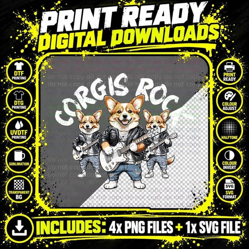 Corgis Rock Cute Cool Corgi Trio Rocking Out Playing Png SVG Digital Bundle