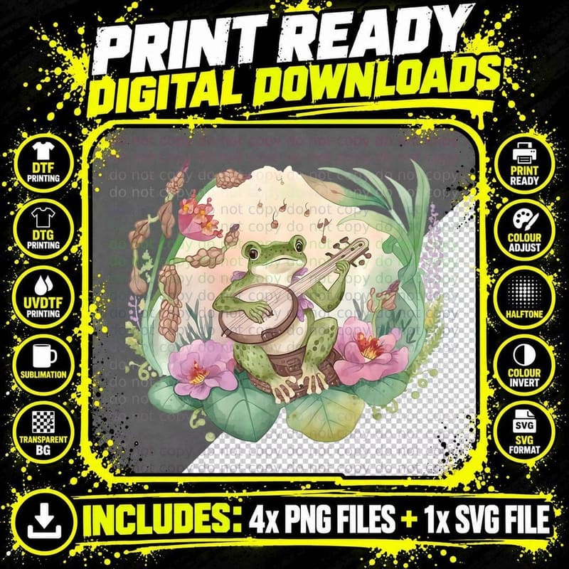 Cottage Core Aesthetic Frog Playing Banjo Guitar Vintage Png SVG Digital Bundle