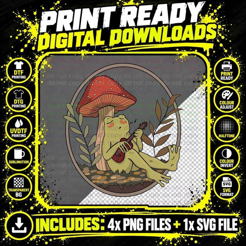 Cottagecore Aesthetic Frog Mushroom Playing Banjo Guitar Png SVG Digital Bundle