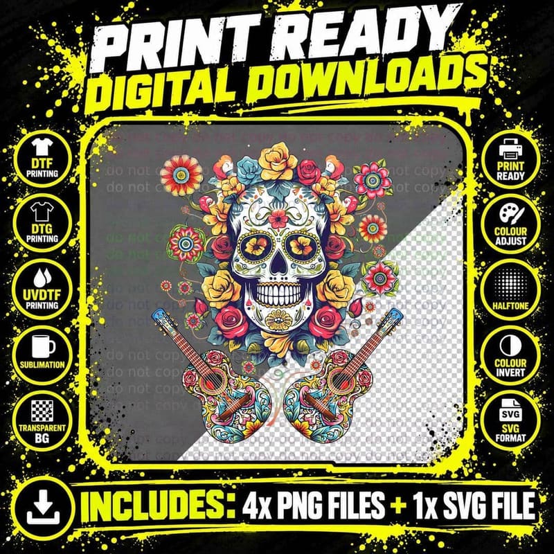 Day of the Dead Flower Guitar Skull Dia De Los Muertos Png SVG Digital Bundle