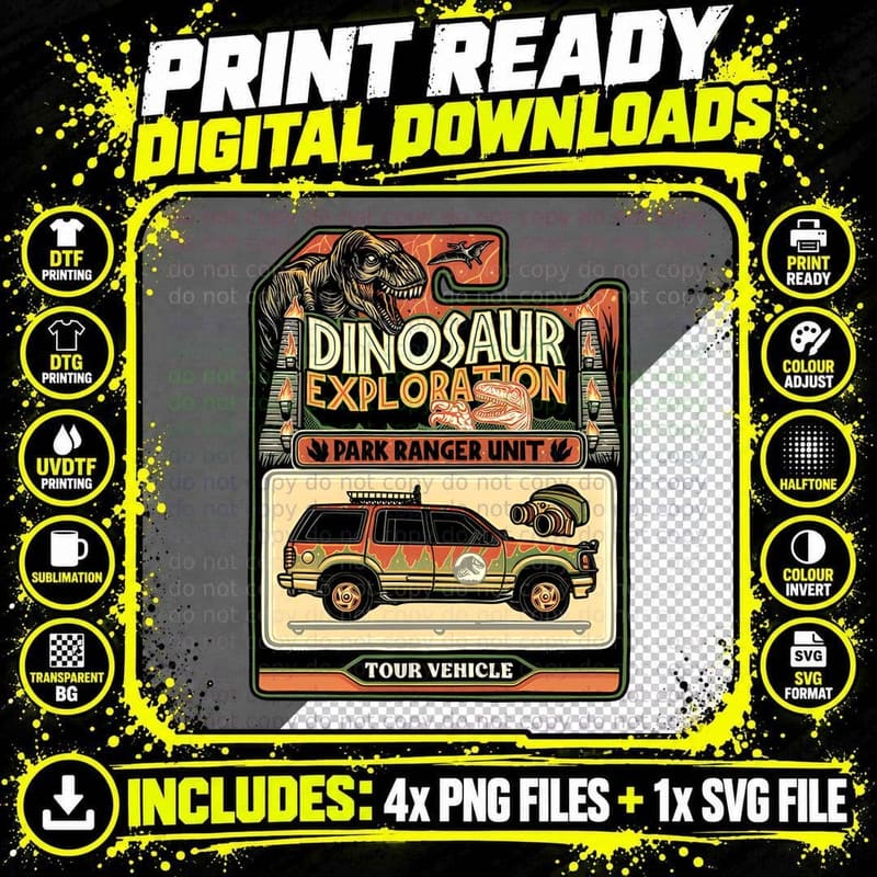 Dinosaur Exploration Park Ranger Tour Vehicle Graphic Png SVG Digital Bundle