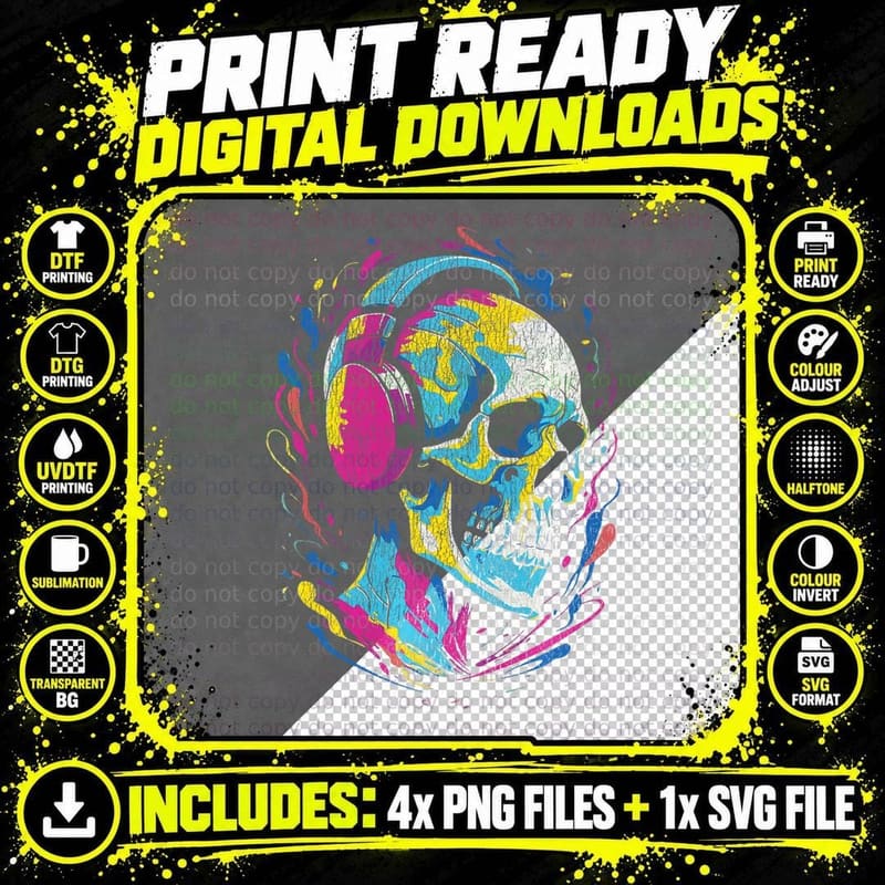 Distressed Vintage Psychedelic Rock & Roll Skull Art Png SVG Digital Bundle