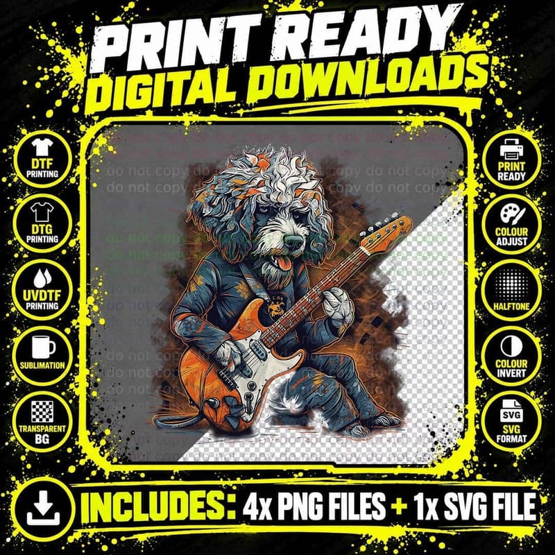 Dog Playing Guitar T-Shirt, Rock Musician Style Png SVG Digital Bundle