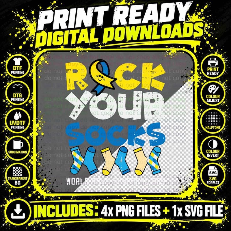 Down Syndrome Ribbon Rock Your Socks Awareness Men Women Png SVG Digital Bundle