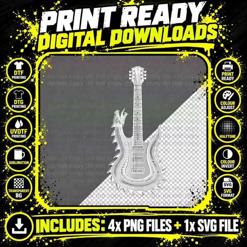 Dragon Guitar Shirts with Electric Guitar Rock N Roll Png SVG Digital Bundle