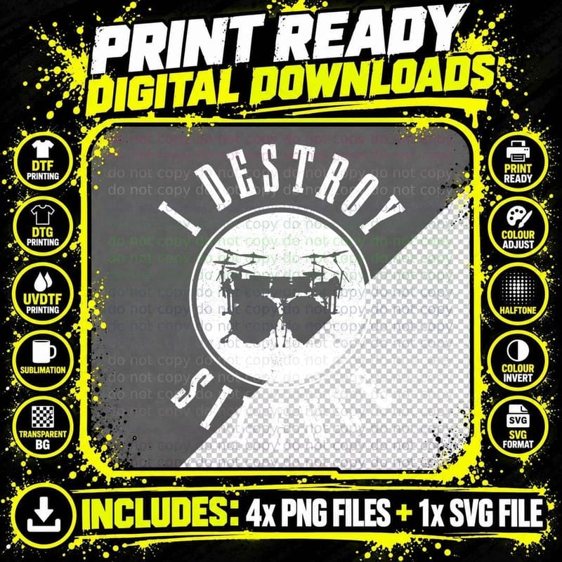 Drummer I Destroy Silence Funny Drumming Vintage Drums Png SVG Digital Bundle