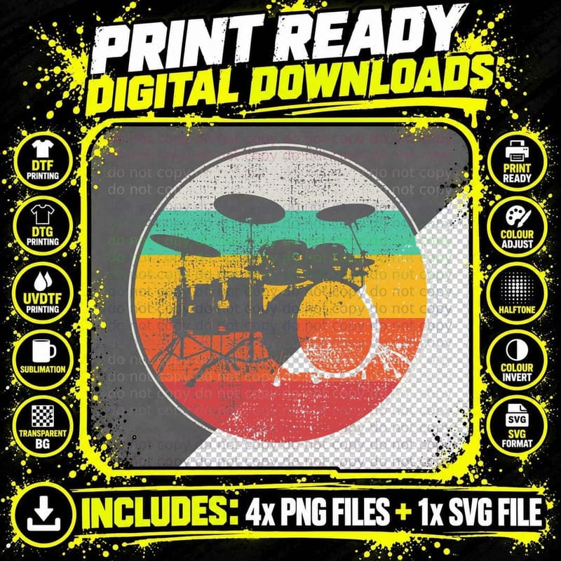 Drums Drummer Band Drumset Retro Vintage T-Shirt Png SVG Digital Bundle